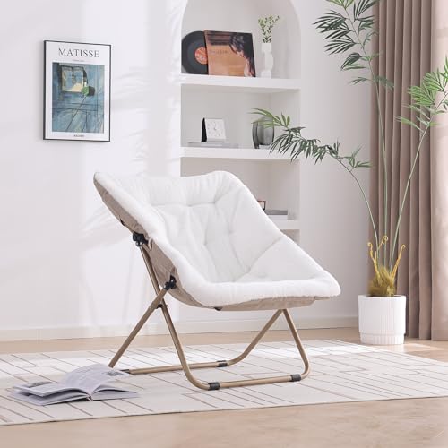 YOTATING Saucer Chair, Comfy Faux Fur Chair Oversized Folding Soft Furry Lounge Lazy Chair Metal Frame Moon Chair Accent Chair for Bedroom, Living Room, Dorm Rooms, White von YOTATING