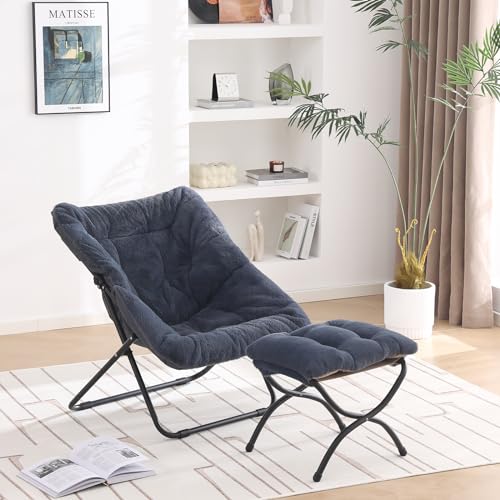 YOTATING Saucer Chair with Ottoman, Comfy Faux Fur Chair, Oversized Folding Soft Furry Lounge Lazy Chair, Metal Frame, Moon Chair, Accent Chair for Bedroom, Living Room, Dorm Rooms, Navy von YOTATING