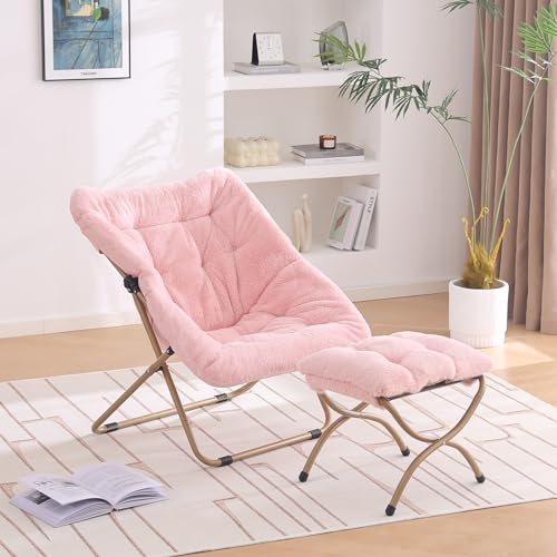 YOTATING Saucer Chair with Ottoman, Comfy Faux Fur Chair, Oversized Folding Soft Furry Lounge Lazy Chair, Metal Frame, Moon Chair, Accent Chair for Bedroom, Living Room, Dorm Rooms, Pink von YOTATING