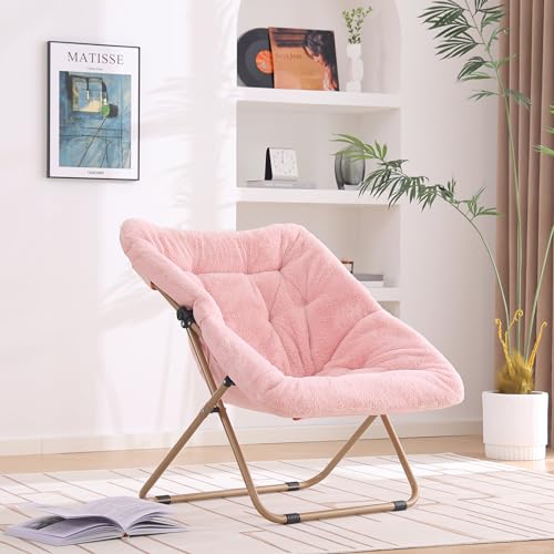 YOTATING Saucer Chair, Comfy Faux Fur Chair Oversized Folding Soft Furry Lounge Lazy Chair Metal Frame Moon Chair Accent Chair for Bedroom, Living Room, Dorm Rooms, Pink von YOTATING