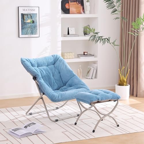 YOTATING Saucer Chair with Ottoman, Comfy Faux Fur Chair Oversized Folding Soft Furry Lounge Lazy Chair Metal Frame Moon Chair Accent Chair for Bedroom, Living Room, Dorm Rooms, Blue von YOTATING