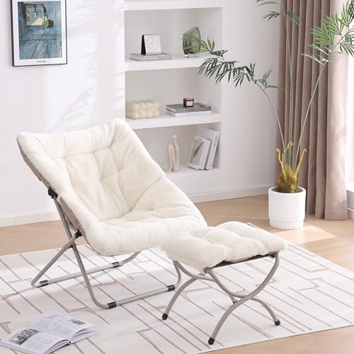 YOTATING Saucer Chair with Ottoman, Comfy Faux Fur Chair Oversized Folding Soft Furry Lounge Lazy Chair Metal Frame Moon Chair Accent Chair for Bedroom, Living Room, Dorm Rooms, Beige von YOTATING