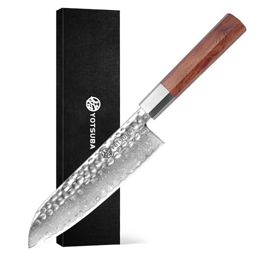 YOTSUBA Damascus Japanese Santokumesser 18 cm, Extra Scharfe Japanische Küchenmesser Messerklinge mit ergonomischem Holzgriff-Edelstah für Fleisch, Gemüse&Obst, Ideal für Hobbyköche&Profis von YOTSUBA
