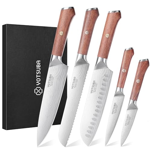 YOTSUBA Küchenmesser Set 5-teilig Messerset Scharf Küche aus hochwertigem Carbon Edelstahl, Ultra Scharfes Messerset mit Kochmesser, Brotmesser, Santokumesser, Allzweckmesser, Gemüsemesser von YOTSUBA