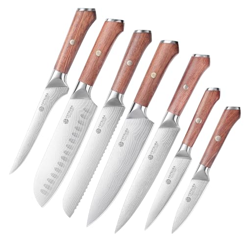 YOTSUBA Messerset, Küchenmesser Set 7-tlg, Scharfes Japanisches Messer Set aus Hochwertigem Carbon Edelstahl mit Holzgriff, Profi Kochmesser Set, Brotmesser, Santokumesser, Kochemsser Inklusive von YOTSUBA