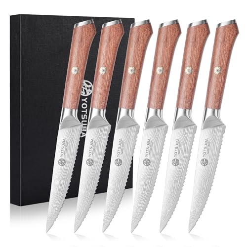 YOTSUBA Steakmesser Set 6-teilig, 12cm Küchen Steakbesteck Messer aus hochwertiger Deutscher Edelstahl, ultrascharfe Gezahnte Steak Küchenmesser und ergonomischer Holzgriff, Tafelmesser Geschenkbox von YOTSUBA