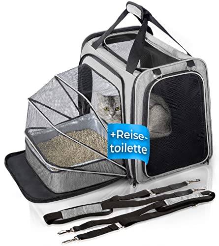 YOU DECIDE MUNICH Transportbox Katze [mit Katzenklo] Katzen Transport Tasche Katzen-Tasche auch große Katzen, Katzenkorb mit Katzentoilette, Katzenbox Auto-Reise faltbar CAT´S Premium Suite LX grau von YOU DECIDE MUNICH