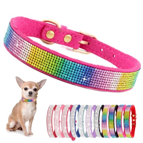 Hundehalsband Kleine Hunde, Halsband Welpe Mit Strass Perlen Glitzer Kristall Steine MäDchen Halsband Katze HüNdin Strasssteinen,Buntes Pink L von YOUALSO