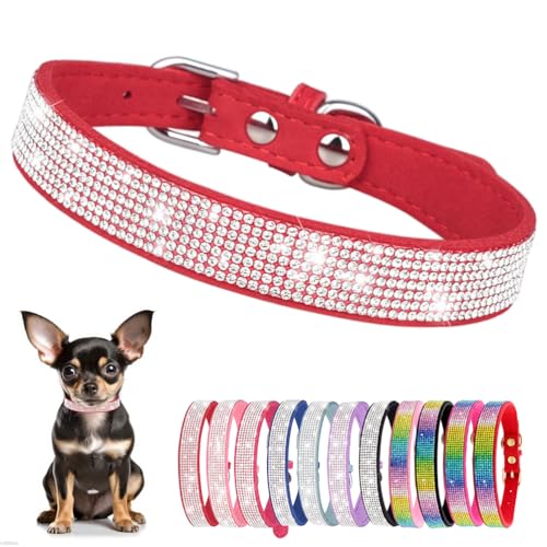 Hundehalsband Kleine Hunde, Halsband Welpe Mit Strass Perlen Glitzer Kristall Steine MäDchen Halsband Katze HüNdin Strasssteinen,Rot XXL von YOUALSO