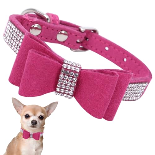 Hundehalsband Kleine Hunde Mit Fliege, Schleife Halsband Welpe Mit Strass Perlen Glitzer Kristall Steine MäDchen Halsband Katze HüNdin Strasssteinen,Heißes rosa XS von YOUALSO