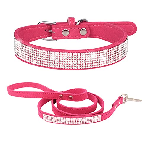 Hundehalsband Kleine Hunde mit Leine, Halsband Welpe Mit Strass Perlen Glitzer Kristall Steine MäDchen Halsband Katze HüNdin Strasssteinen,heißes Pink XXL von YOUALSO