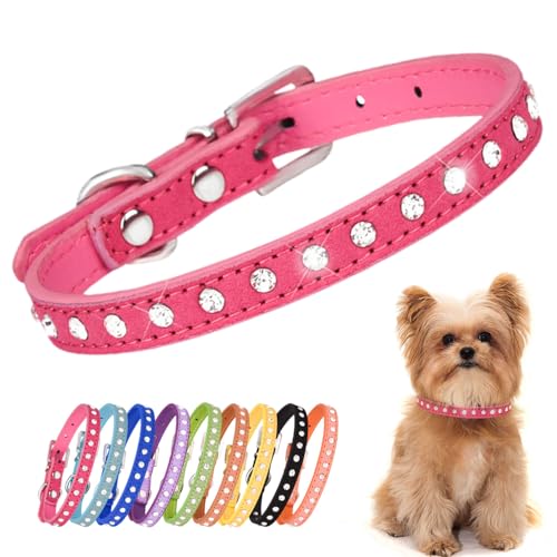 Kleine Hunde Hundehalsband Leuchtend, Halsband Hund Klein Mit Kristalldiamanten Glitzernd Kristall Halsung Hund Diamant Bling Welpenhalsband Welpe HundehalsbäNder,heißes Pink M von YOUALSO