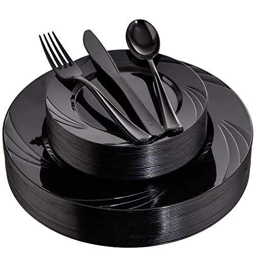 YOUBET 125 schwarze Kunststoffteller, schwarzes Kunststoff-Besteck, inklusive 25 Speiseteller, 25 Dessertteller, 25 Gabeln, 25 Messer, 25 Löffel, perfekt für Halloween von YOUBET
