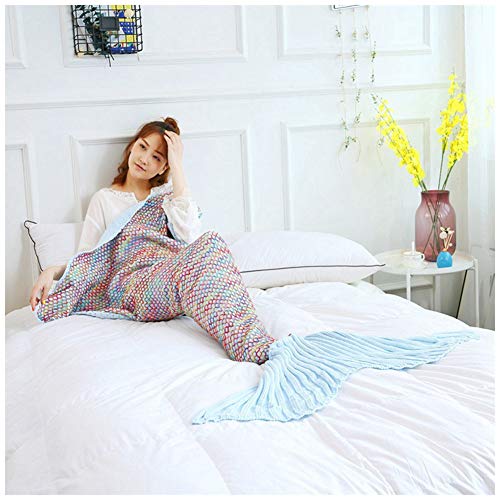 YOUCAI Meerjungfrau Decke für Mädchen Damen Warmes Wohnzimmer Sofa Decke Handgemacht Gestrickt Meerjungfrau-Schwanz-Decke Meerjungfrau Schlafsack Blue 180x90cm von YOUCAI