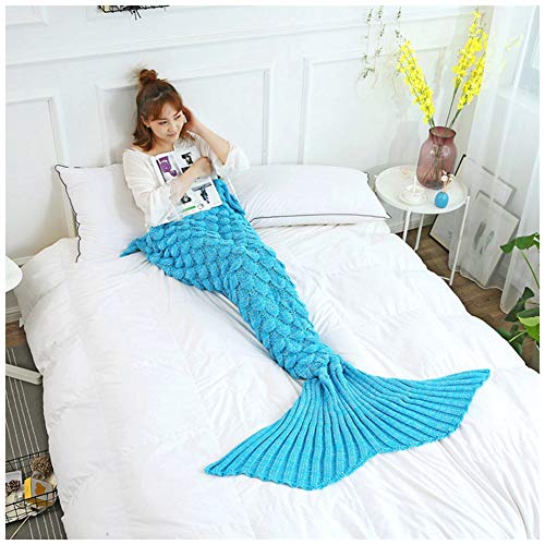YOUCAI Meerjungfrau Schwanz Decke für Erwachsene Kinder Warme Flauschige Weiche Handarbeit Strickmuster Fischschwanz Decken, All-Saison-Schlafdecke, Blau 2 140x70cm von YOUCAI