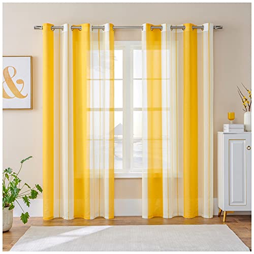 YOUCAI Voile Vorhang Nadelstreifen Gardine aus Voile mit Ösen Schlaufenschal Ösenschals Transparent Dekoschal Fensterschal Wohnzimmer Schlafzimmer Gelb 140x225cm(2 Stück) von YOUCAI