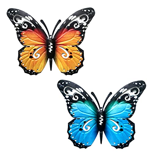 YOUDALIS 2 Stücke Metall Schmetterling Wand Kunst, 3D Schmetterlinge Wanddeko,Bunt Schmetterling Skulptur Hängende Ornamente für Garten Terrasse Outdoor Zaun von YOUDALIS