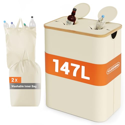 YOUDENOVA 147L Pfandflaschen Sammelbehälter mit Deckel & Geruchsdicht, Mülleimer 2 Fächer Küche, Flaschensammler Leergut & Altglas Aufbewahrung, Bambus Recycling Behälter Müllsackständer, Beige von YOUDENOVA