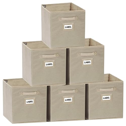 YOUDENOVA Aufbewahrungsbox 27x27x28 6er Pack, Stoffboxen mit Etikettenhaltern, Faltbox Aufbewahrungskiste Faltbare Kisten Ordnungsbox für Kleidung, Spielzeug, Weihnachtskugeln (Hellgrau, 27x27x28 cm) von YOUDENOVA