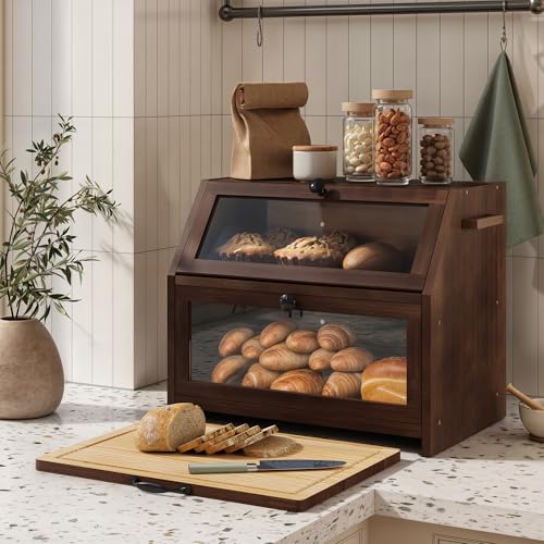 YOUDENOVA Brotkasten Eco Brotbox Brotkorb mit Schneidebrett Aufbewahrungsbox Küche Brotaufbewahrung Brotbehälter Visualisiert für Brot, Röstbrot, 39x26x32,5(LxBxH) cm, Braun von YOUDENOVA