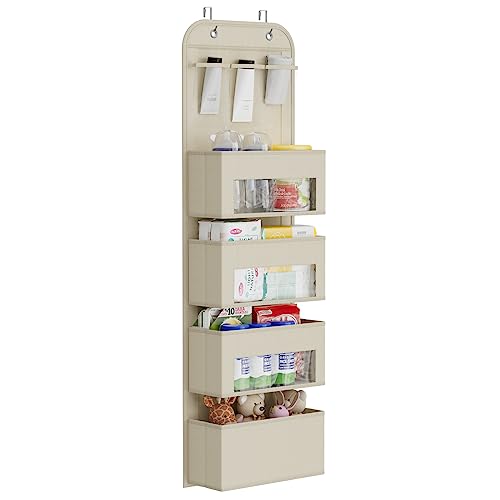 YOUDENOVA Tür Organizer Hängeorganizer mit 4 Großen Taschen mit Fenster und 3 PVC-Taschen 2 Metallhaken, Hängeregal für Tür Bad Kinderzimmer Wohnzimmer Schlafzimmer,Beige von YOUDENOVA