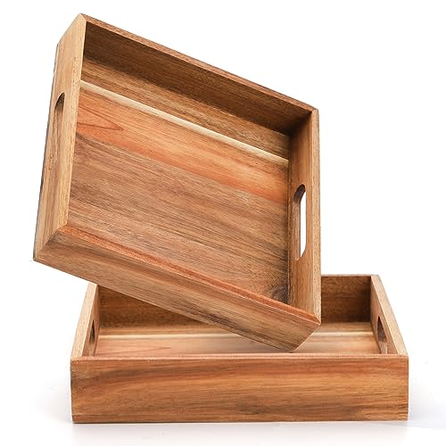 YOUEON 2er Set Akazienholz Serviertablett mit Griffen, 25 x 25 x 5 cm dekorative Serviertabletts, Ottomane Tablett, Couchtisch Tablett, quadratisches Holztablett für Essen, Abendessen, Kaffee von YOUEON