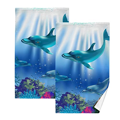 YOUJUNER 2 Stück Baumwolle Handtuch Set Ozean Meer Tier Delfin Handtuch Gesichtstücher Badetücher Waschlappen Fingerspitze Deko Handtücher von YOUJUNER