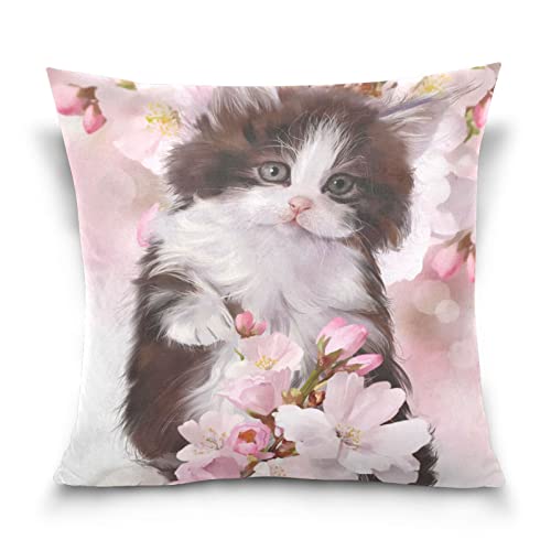 YOUJUNER Kissenbezug Leinen Dekorative Kissenhülle, Niedlicher Katzen-Rosa-Blumen-Druck Wurfkissenbezug Zierkissenbezüge Sofa Kissenbezug 40x40cm von YOUJUNER