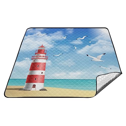 YOUJUNER Picknickdecke 200 x 200 cm Meer Strand Leuchtturm große Picknickmatte wasserdichte Stranddecke tragbare Outdoor-Teppich Campingmatte von YOUJUNER