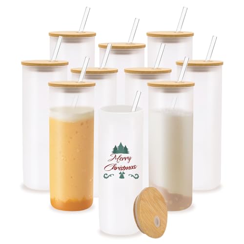 YOUKE OLA 10 Stück Sublimationsgläser aus geradem Glas, mattiert, mit Bambusdeckel und Glasstrohhalm, Becher für Becher, Hitzepresse, 750 ml von YOUKE OLA