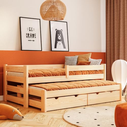 YOUKO Doppel-Bodenbett Kinder mit Zustellbett 190x90 - Toddler Bed aus Kiefernholz - Kinderbett mit Fest Installiertes Oberes Geländer - Kinder Hausbett Varnish von YOUKO