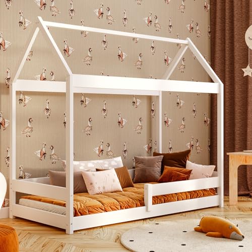 YOUKO Hausbett Kinder Ben 160x80 aus Kiefernholz - Kinder Bett Für einen Jungen und EIN Mädchen - Montessori Bett Schlichten Stil - Hausbett White von YOUKO