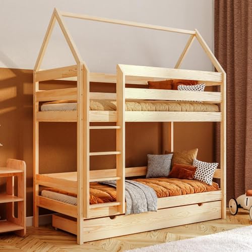 YOUKO Etagenbett Kinderbett 180x80 cm “Bruno” - Hausbett für 2 Kinder mit Leiter- Hochbett Kinder mit Schublade - Holzbett Kiefer Ohne Matratze von YOUKO