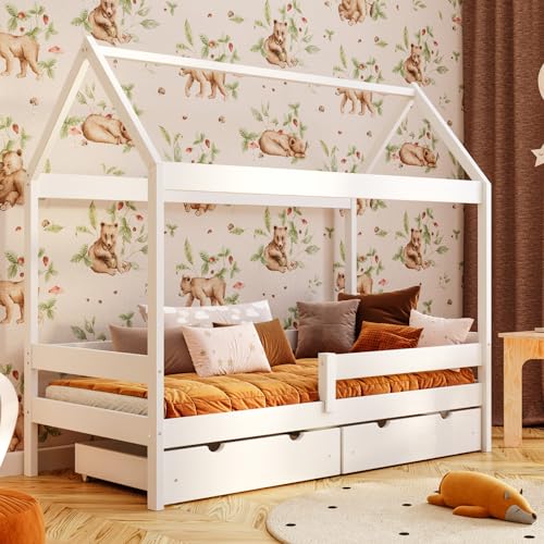 YOUKO Hausbett Kinderbett 190x80 - Bett für Kinder aus Kiefernholz - Montessori Bett mit Rahmen und einem Dach aus Latten - Holzbett Kiefer Ohne Matratze von YOUKO