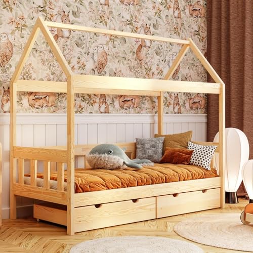 YOUKO Hausbett Kinderbett 190x90 Simon - Bett für Kinder aus Kiefernholz - Montessori Bett mit Rahmen und einem Dach aus Latten - Holzbett Kiefer Ohne Matratze von YOUKO