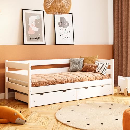 YOUKO Kinderbett Charles 200x90 aus Kiefernholz - Kinder Bett Für einen Jungen und EIN Mädchen - Montessori Bett Schlichten Stil - Kinderbetten White von YOUKO