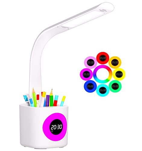 YOUKOYI Schreibtischlampe Kinder, Tischlampe 10W Touch Dimmbar mit USB-Anschluss 5 Helligkeitsstufen LED Schreibtischlampe mit Uhr, Wecker, Farbnachtlicht, Stifthalter für Arbeit, Studium, Büro von YOUKOYI