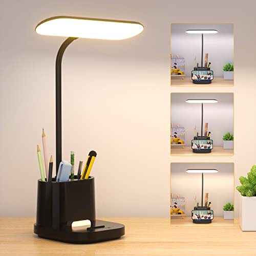 Schreibtischlampe Kinder, 60 LED Dimmbare Tischlampe 3 Modus USB-Anschluss Nachttischlampe, Touch Schreibtischleuchte mit Stifthalter 3600 mAh 360° Verstellbar Schwanenhals Leselicht Wohnzimmer Büro von YOUKOYI