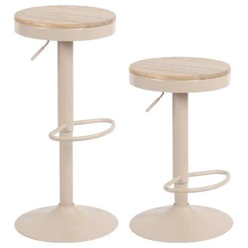 YOUNIKE Barhocker 2er Set Holz Barhocker Barstuhl Hoher Barhocker Metallrahmen 360° höhenverstellbar drehbar mit Fußstütze Industriell Khaki von YOUNIKE
