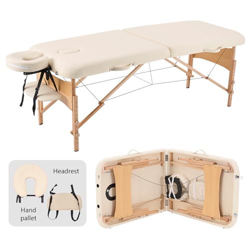 YOUNIKE Massageliege 2-Zonen klappbar Tragbare Massagebank Höhenverstellbarer Massagetisch mit Kopfstütze mit Holzfüßen und Zubehör Tragetasche Mobile Massagebett Creme von YOUNIKE