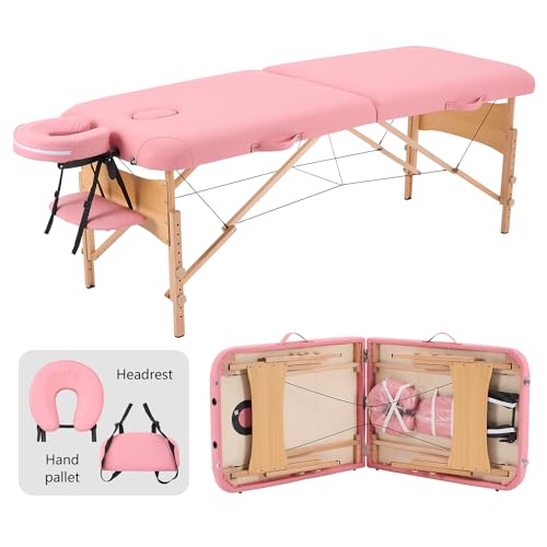 YOUNIKE Massageliege 2-Zonen klappbar Tragbare Massagebank Höhenverstellbarer Massagetisch mit Kopfstütze mit Holzfüßen und Zubehör Tragetasche Mobile Massagebett Rosa von YOUNIKE