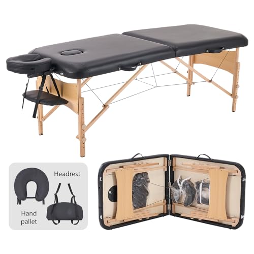 YOUNIKE Massageliege 2-Zonen klappbar Tragbare Massagebank Höhenverstellbarer Massagetisch mit Kopfstütze mit Holzfüßen und Zubehör Tragetasche Mobile Massagebett Schwarz von YOUNIKE