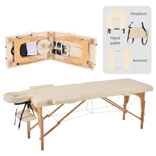 YOUNIKE Massageliege Klappbar 2 Zonen Massageliegen Massagetisch Höhenverstellbar Tattoo Massage Liege Portable Massagebank Mobile Massage Bed Massagebett Creme 60cm Breit Therapieliege von YOUNIKE