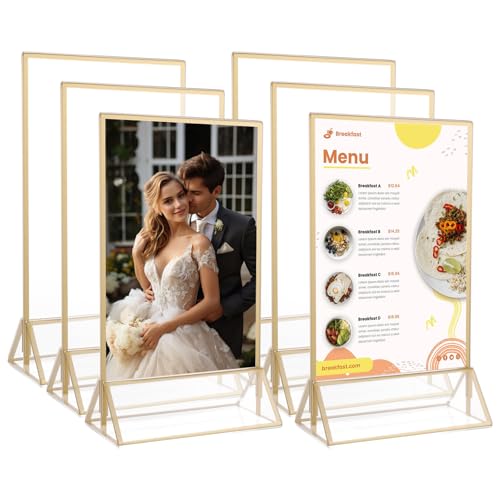 6 Pack A6 Acryl Gold Tischkartenhalter, A6 Doppelseitiger Tischmenü Display Ständer, Klare Acryl Ständer Hochzeit Tischaufsteller für Restaurant Einzelhandel, Bilderrahmen, Tischplatte, Papierhalter von YOUNTHYE