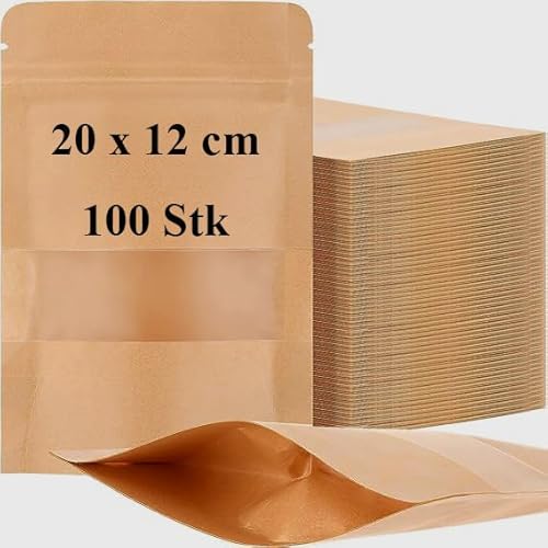 100 Stück Kraftpapierbeutel 20x12x4cm Papiertüten mit Fenster Papierbeutel Braun Luftdicht Kraftpapiertüten Druckverschlussbeutel Verpackungstüten für Kaffee, Getrocknete, Teeblätter, Nüsse 100 Stück Kraftpapierbeutel 20x12x4cm Papiertüten mit Fenster Papierbeutel Braun Luftdicht Kraftpapiertüten Druckverschlussbeutel Verpackungstüten für Kaffee, Getrocknete, Teeblätter, Nüsse von YOUNTHYE
