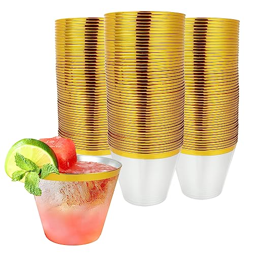 100 Stück Plastikbecher mit Goldrand 270ml Mehrweg Durchsichtiger Partybecher Wiederverwendbarer Transparenter Trinkbecher Elegante Kunststoffbecher Weingläser für Party, Geburtstag, Hochzeit, Camping von YOUNTHYE