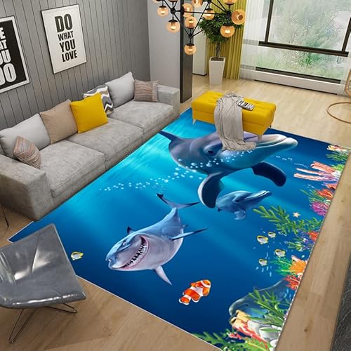 YOUOUSI Cartoon-Teppich mit Hai und Delfin, geeignet für Zuhause, Wohnzimmer, Schlafzimmer, Sofa, Fußmatte, Dekoration, Kinderbereich, Teppich, rutschfeste Matte von YOUOUSI