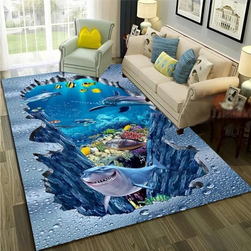 YOUOUSI Cartoon Unterwasserhai großer Teppich Wohnzimmer Schlafzimmer Dekoration Nachttisch Kinderzimmer Dekoration Küche Badezimmer Anti-Rutsch-Matte von YOUOUSI