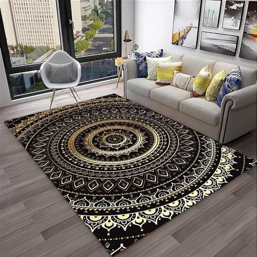 YOUOUSI Schwarzgoldener Mandala-Blumenteppich, Wohnzimmer-Schlafzimmer-Sofa-Fußmatte, dekorativer Teppich, rutschfeste Kinderspiel-Bodenmatte von YOUOUSI