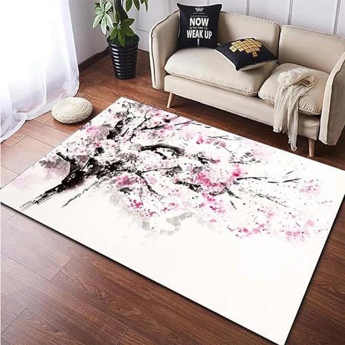 YOUOUSI Tuschemalerei Baum Kirschblüte Bereich Teppich geeignet für Schlafzimmer Wohnzimmer Teppich Kinderzimmer Kinder Krabbeln rutschfeste Bodenmatte von YOUOUSI